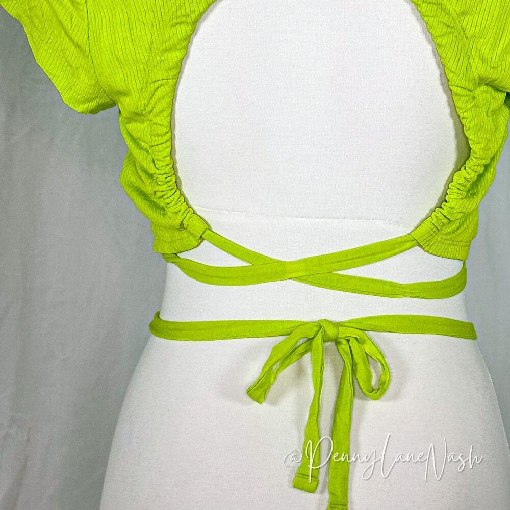 OFFLINE By Aerie Thumbs Up Tie Back Crop T-Shirt Neon Green - Picture 8 of 8
